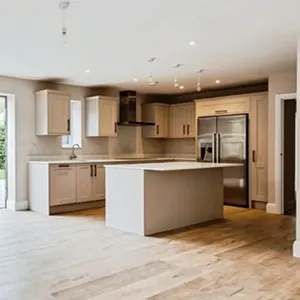 A large kitchen with a center island in the middle of the room.